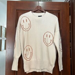 Miou Muse Smiley Face Knit Sweater Cream Neutral Oversized S